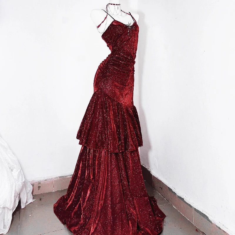Dark Red V-Neck Mermaid Retro Irregular Slimming Dresses