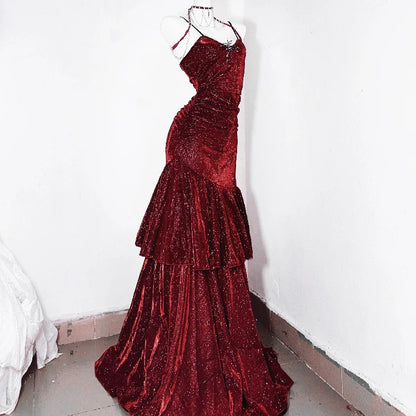 Dark Red V-Neck Mermaid Retro Irregular Slimming Dresses