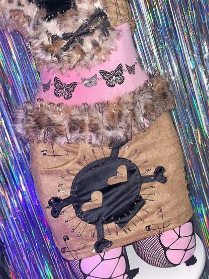 Millennial Punk Skull Leopard Print Vest Short Skirt Set
