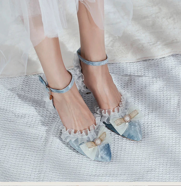 35-45 Red Metal Rhinestone Pearl Sandals Velvet Lolita Princess Shoes