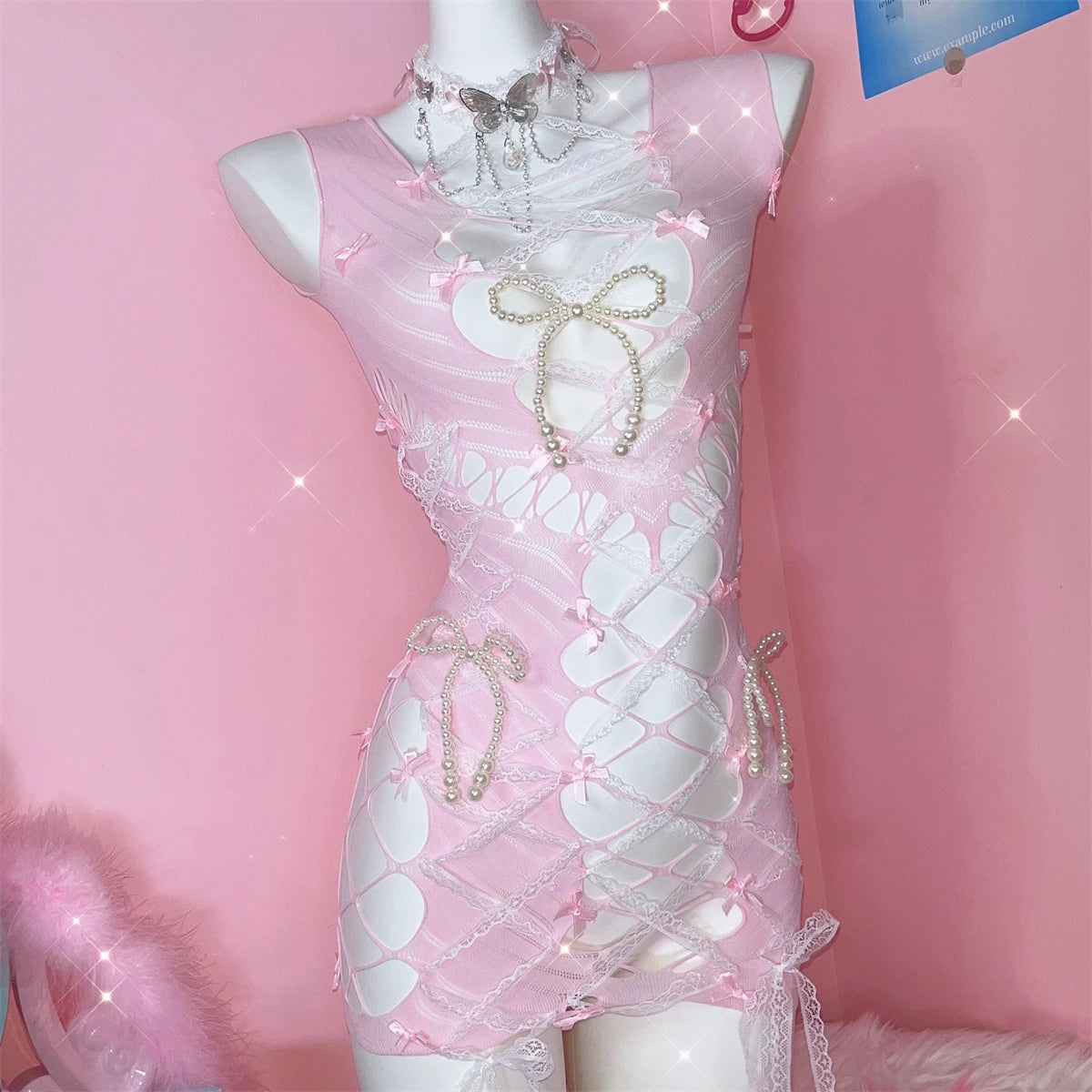 Pink Bowknot Ripped Hollow Out Pearl Tank Top Jumpsuit