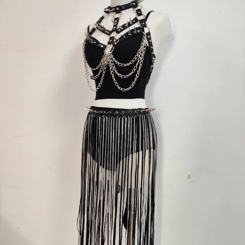 Punk Rivet Chain Corset Leather Vest Gothic Dark Tassel Skirt