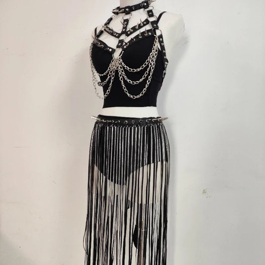 Punk Rivet Chain Corset Leather Vest Gothic Dark Tassel Skirt