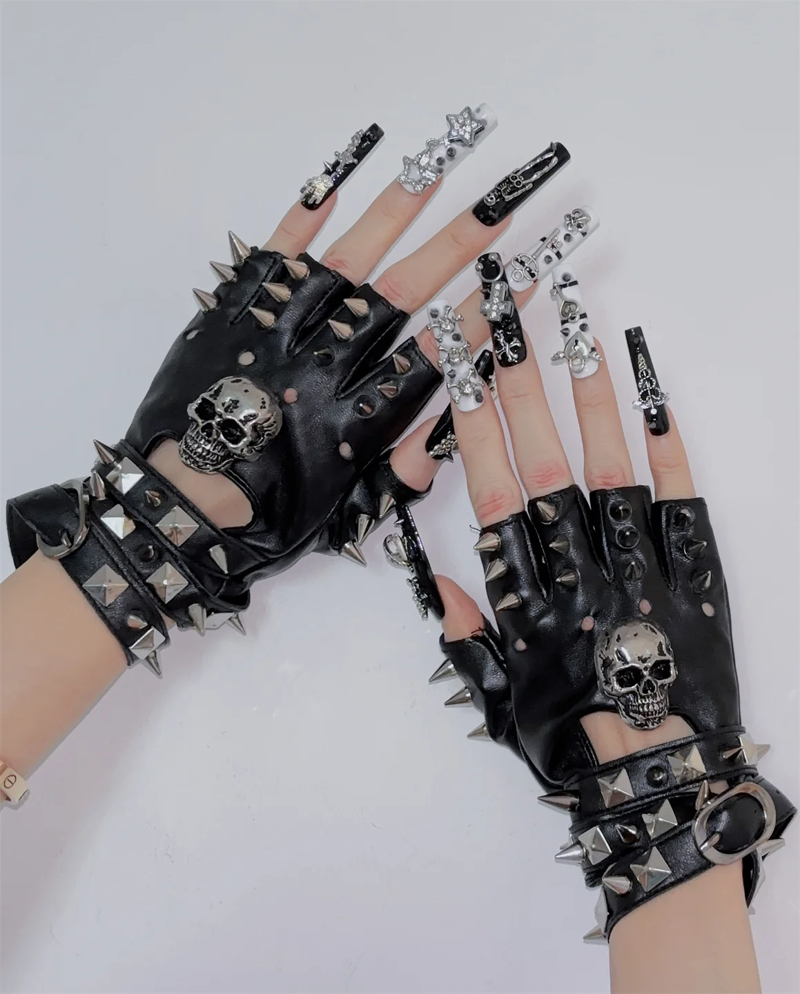 Dark Punk Y2K Millennial Half Finger Rock PU Gloves