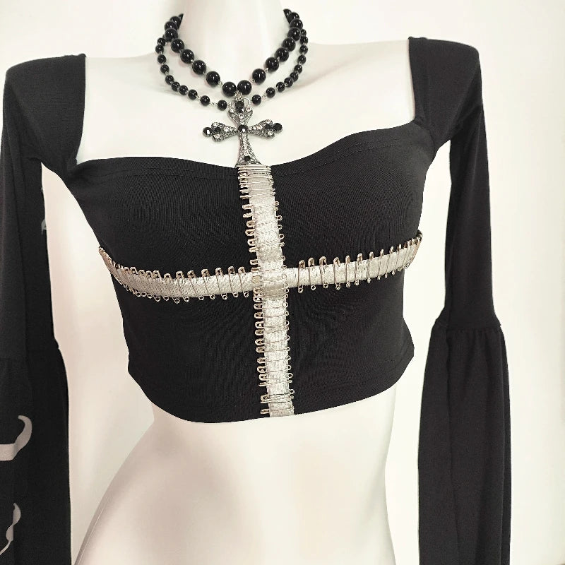 Dark Black Long Sleeve Pin Goth Punk Tube Top