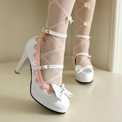 34-50 Pumps Round Toe Double Buckle Strap Bowknot Miexed Color Shoes