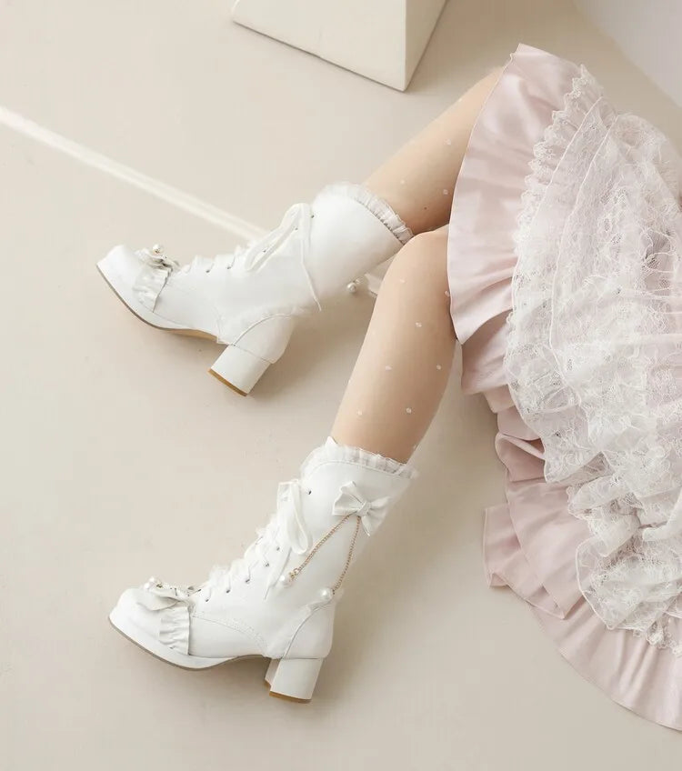 Cross Lace Bow High Heel Boots - Lolita Party Shoes