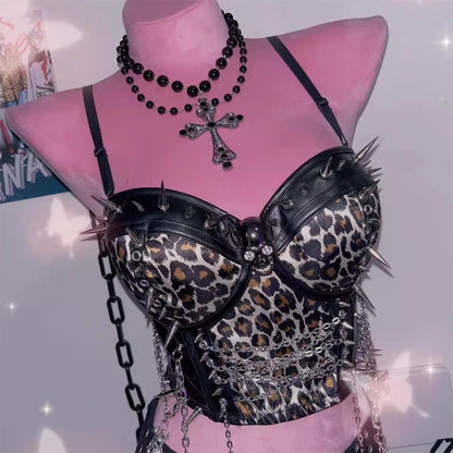 Y2K Punk Sling Leopard Print Metal Chain Vest