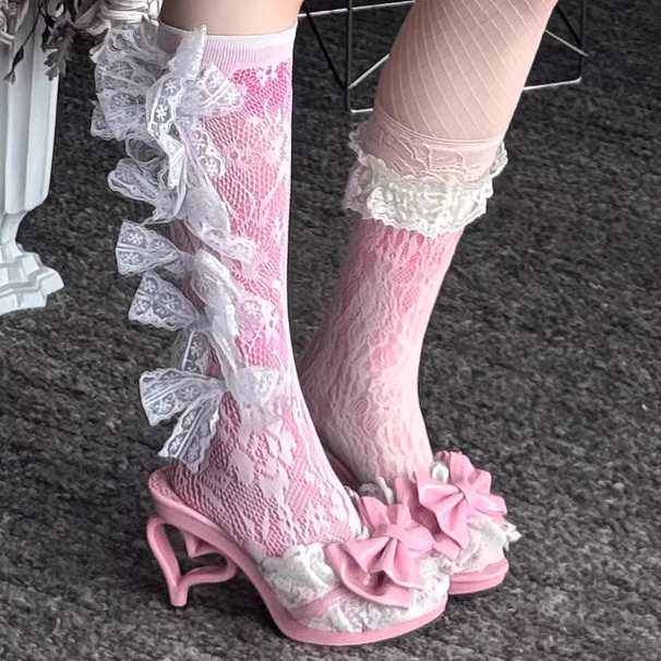 Pink Hime Lolita Slingback Heels with Ornate Heart Decor