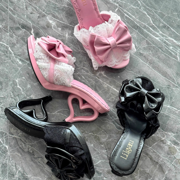 Pink Hime Lolita Slingback Heels with Ornate Heart Decor