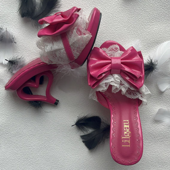 Pink Hime Lolita Slingback Heels with Ornate Heart Decor
