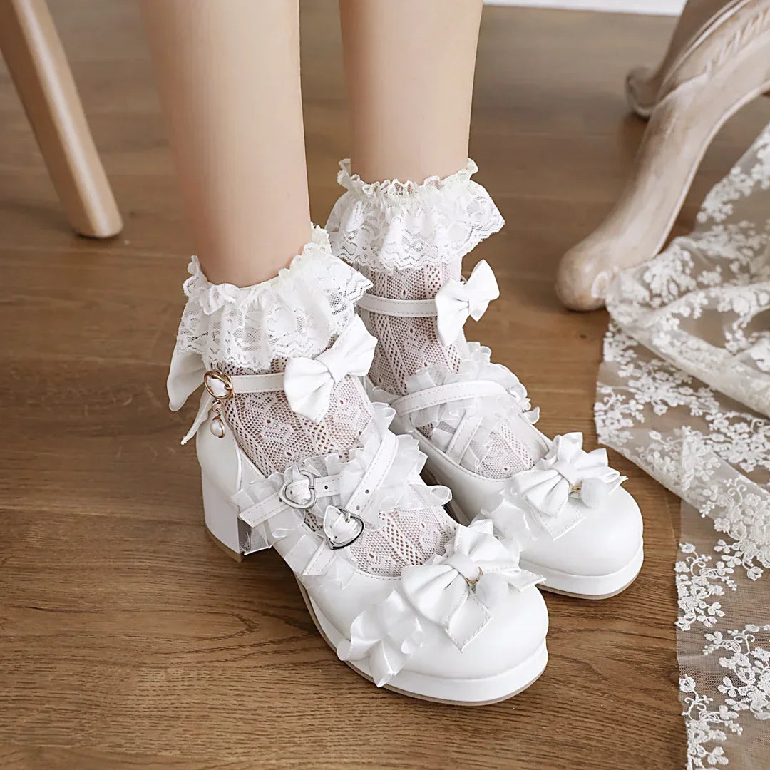 34-43 Cross Strap White Pink Ruffles Bow Maid Princess Lolita Shoes