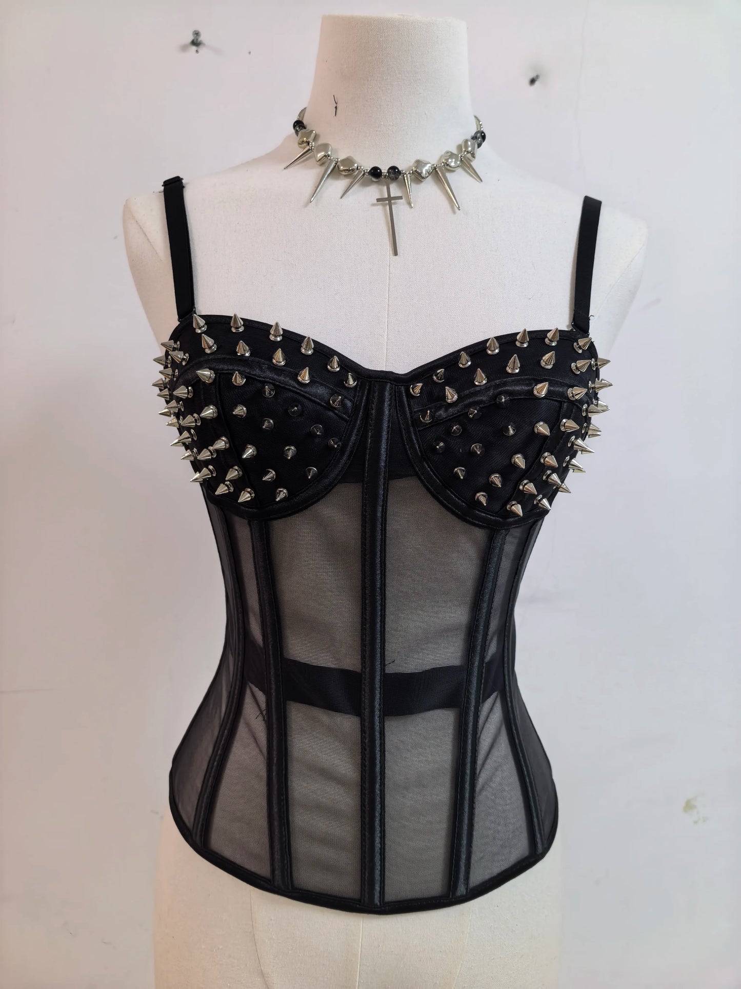 Punk Y2K Mesh See-through Fishbone Rivet Waist Cincher Corset