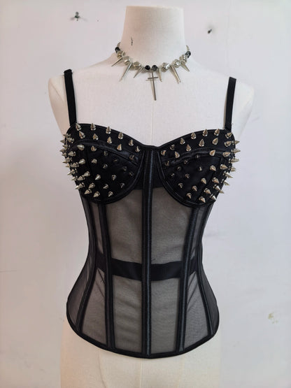 Punk Y2K Mesh See-through Fishbone Rivet Waist Cincher Corset