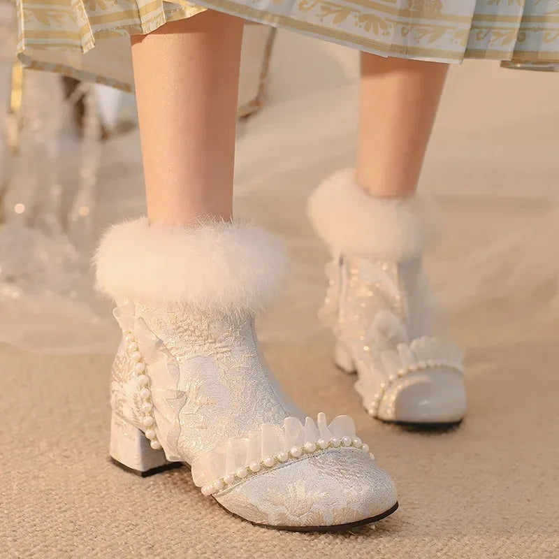 33-43 Elegant Cheongsam Beaded Rabbit Ankle Booties