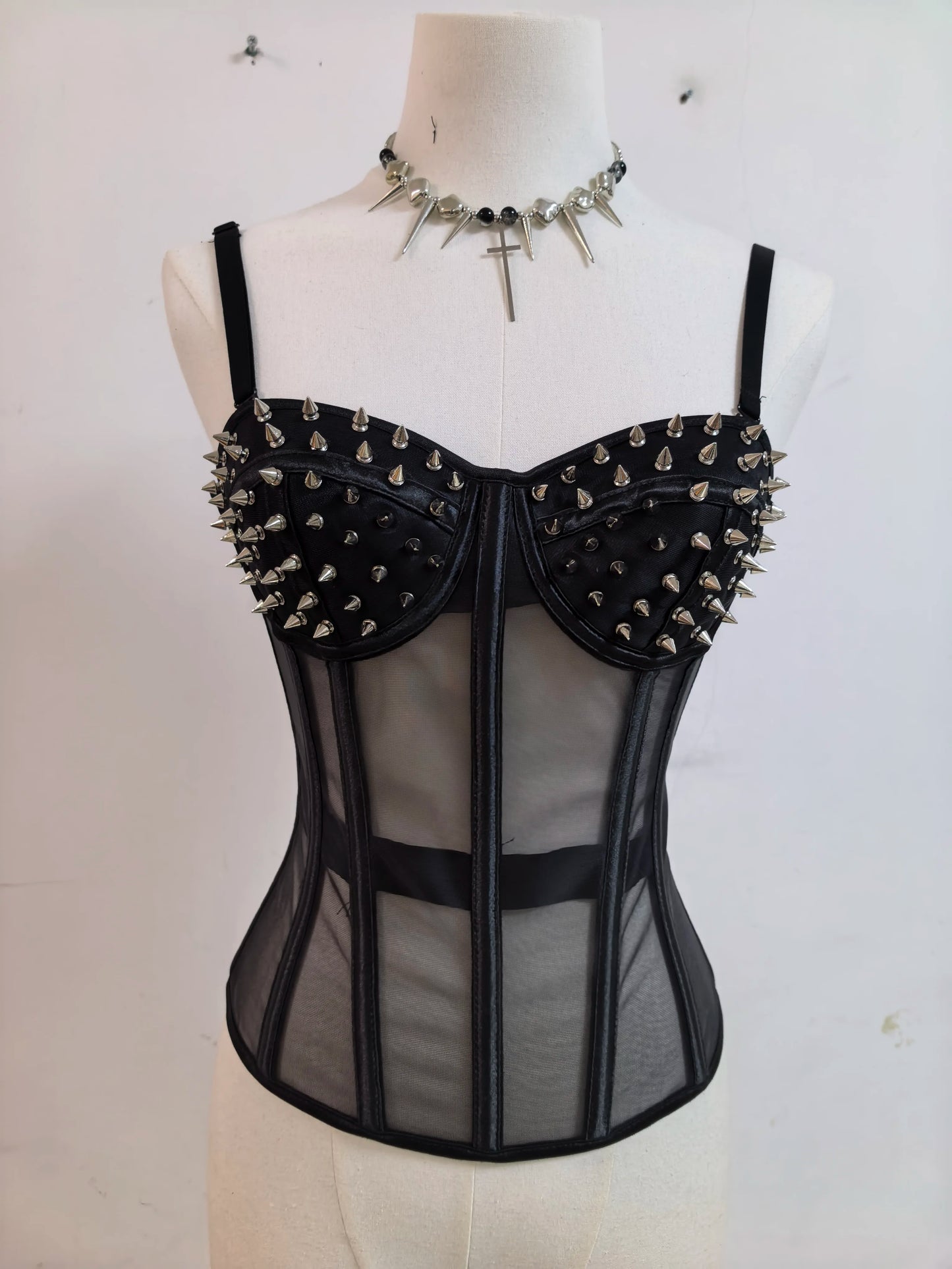 Punk Y2K Mesh See-through Fishbone Rivet Waist Cincher Corset