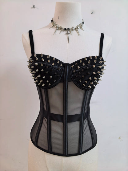 Punk Y2K Mesh See-through Fishbone Rivet Waist Cincher Corset