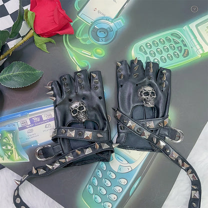 Dark Punk Y2K Millennial Half Finger Rock PU Gloves