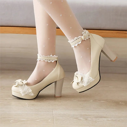 34-43 Cute Bow Lace Princess Mary Jane Lolita Pumps Shoes