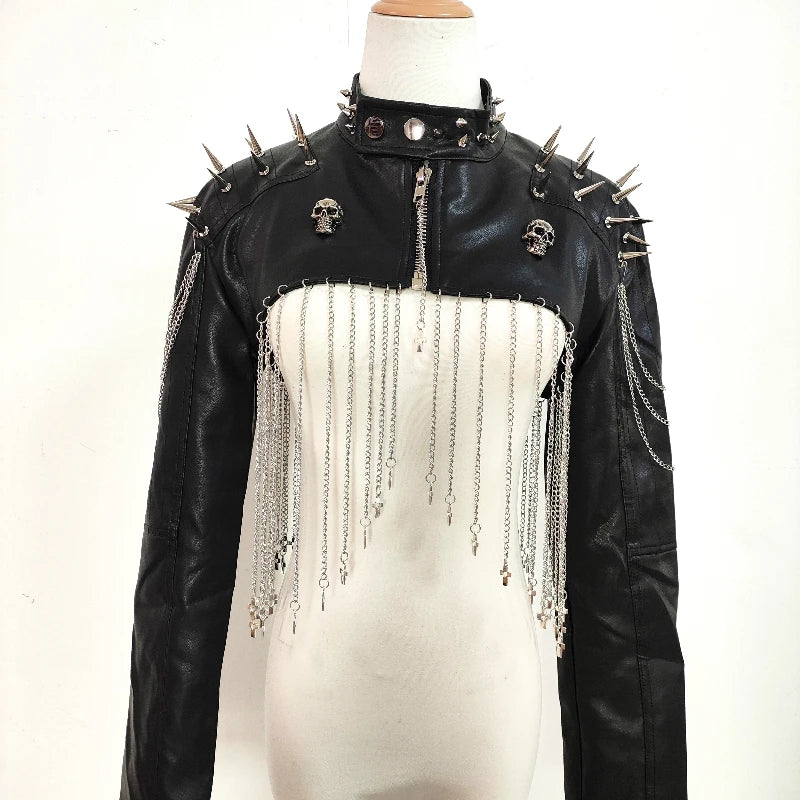 Punk Rivet Chain Tassel PU Leather Black Short Coat