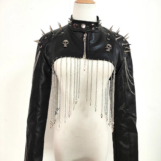 Punk Rivet Chain Tassel PU Leather Black Short Coat