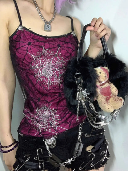 Dark Full Diamond Spider Web Barbie Purple Elastic Double Layer Strap Top