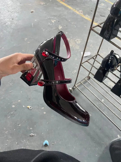 Wine Red Mary Jane Elegant Rose Block Heel Shoes - 35-43