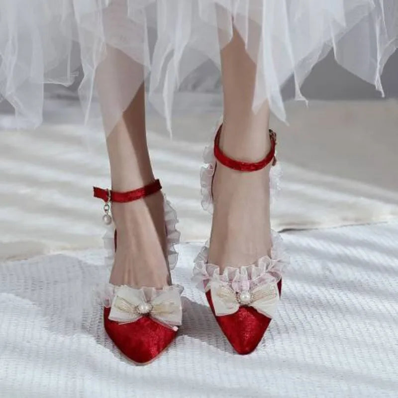 35-45 Red Metal Rhinestone Pearl Sandals Velvet Lolita Princess Shoes