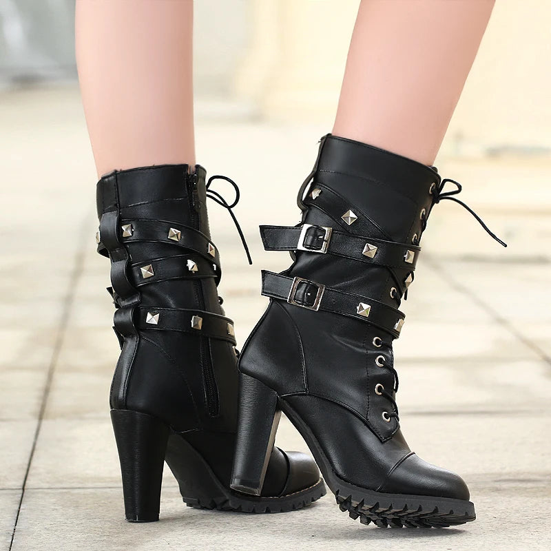 34-46 Cross Tie Rivet Side Zipper Mid-Calf Boots With Double Row Belt