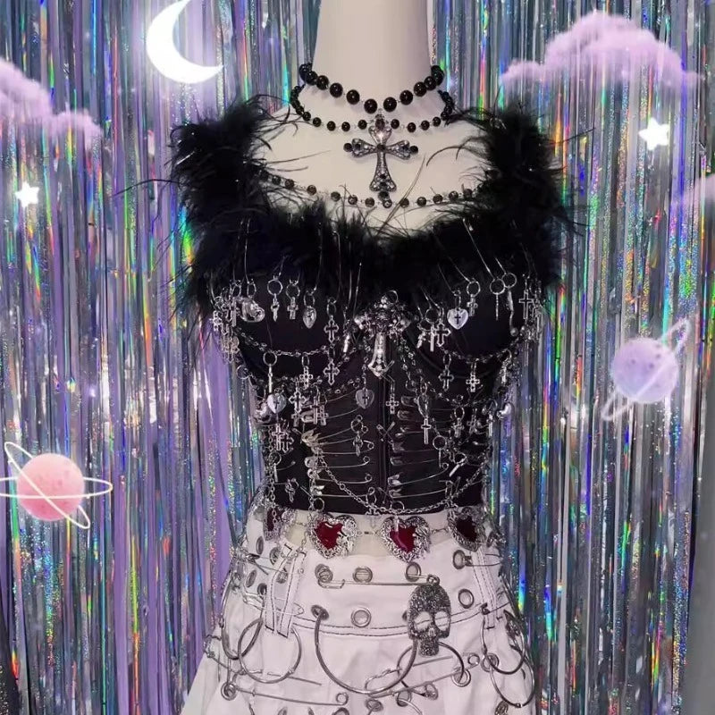 Y2K Punk Gothic Skull Chain Pin Vest Top