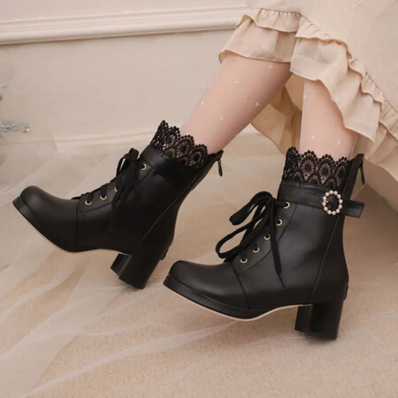 32-48 Lace Up Square Platform Ankle Boots Bow Ruffles Lolita Shoes