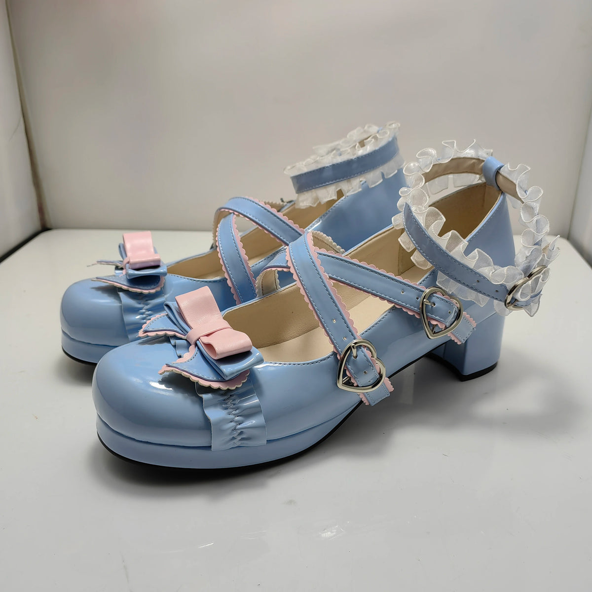 34-48 Sweet Lolita Pumps Block Heel Bowknot Ankel Buckle Strap Shoes