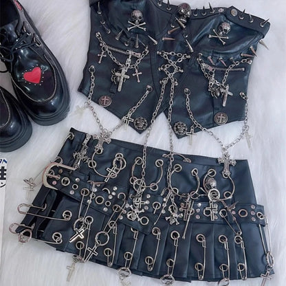 Punk Big PU Leather Belt Pleated Skirt