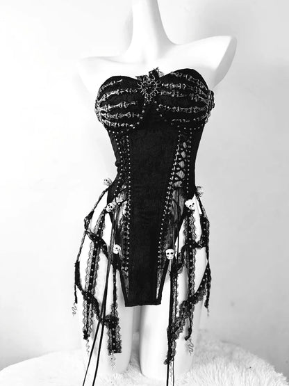 Pure Black Goth Dark Strap Drawstring Corset Bird Cage Affordable Corset Top