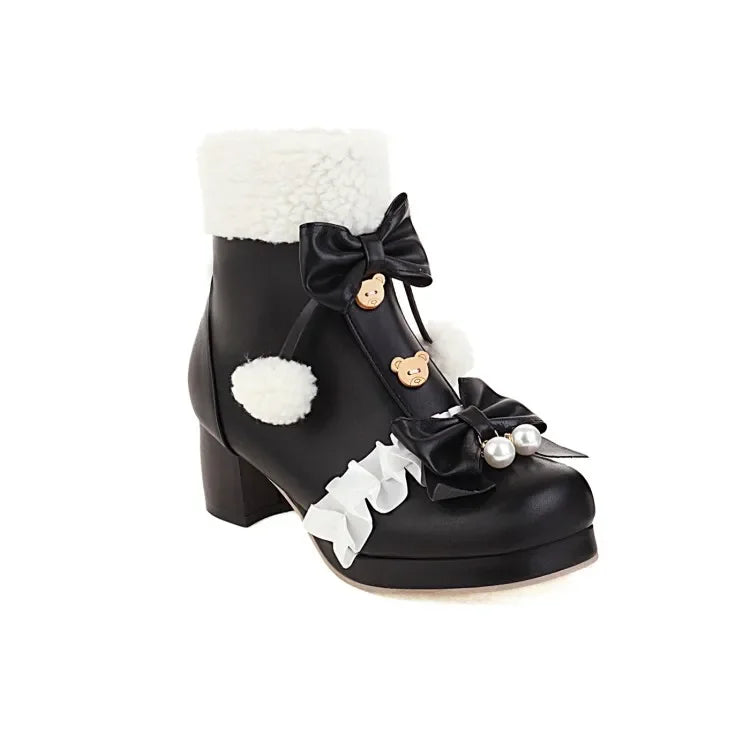 31-48 Pink Lolita Lovely Bow Knot Pompom Warm Faux Fur Boot