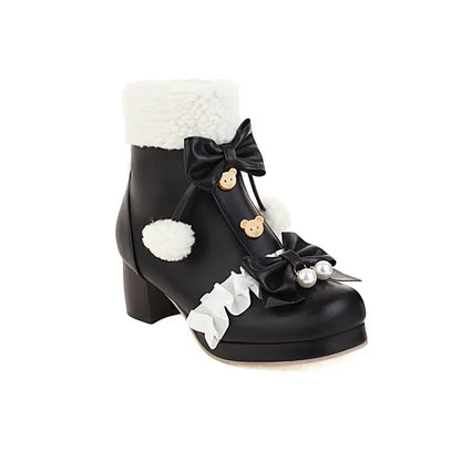 31-48 Pink Lolita Lovely Bow Knot Pompom Warm Faux Fur Boot