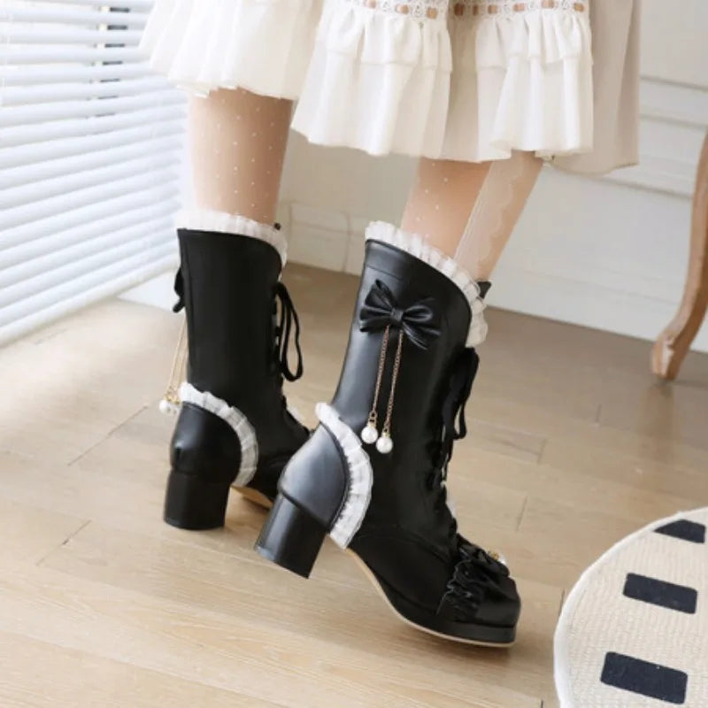 Cross Lace Bow High Heel Boots - Lolita Party Shoes