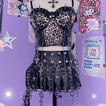 Punk Big PU Leather Belt Pleated Skirt