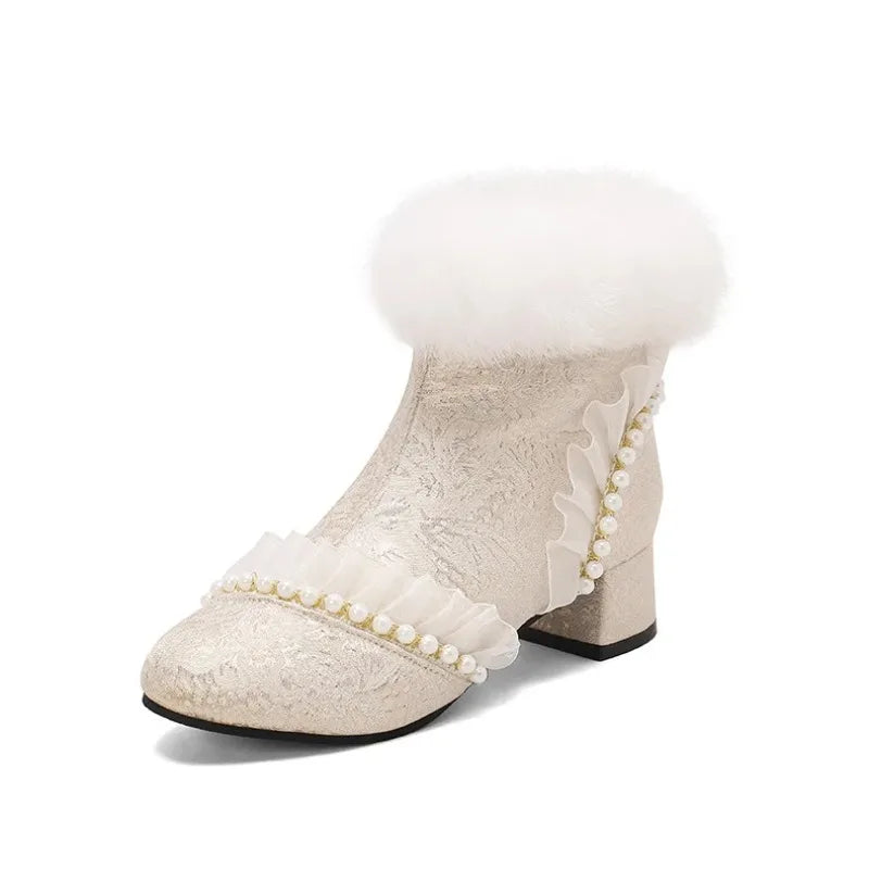 33-43 Elegant Cheongsam Beaded Rabbit Ankle Booties