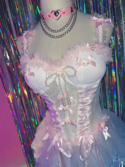 Sweet Pink Lace Trim Off Vest Cake Dress