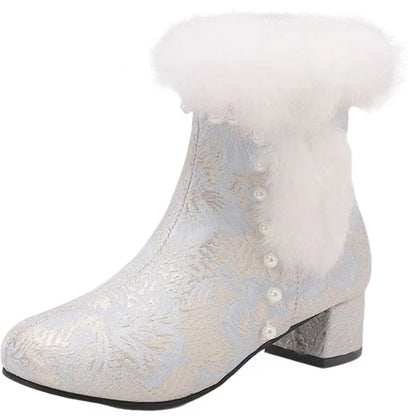 33-43 Winter Round Toe Silk Plush Warm Zippers Cheongsam Boots Skirt Boot