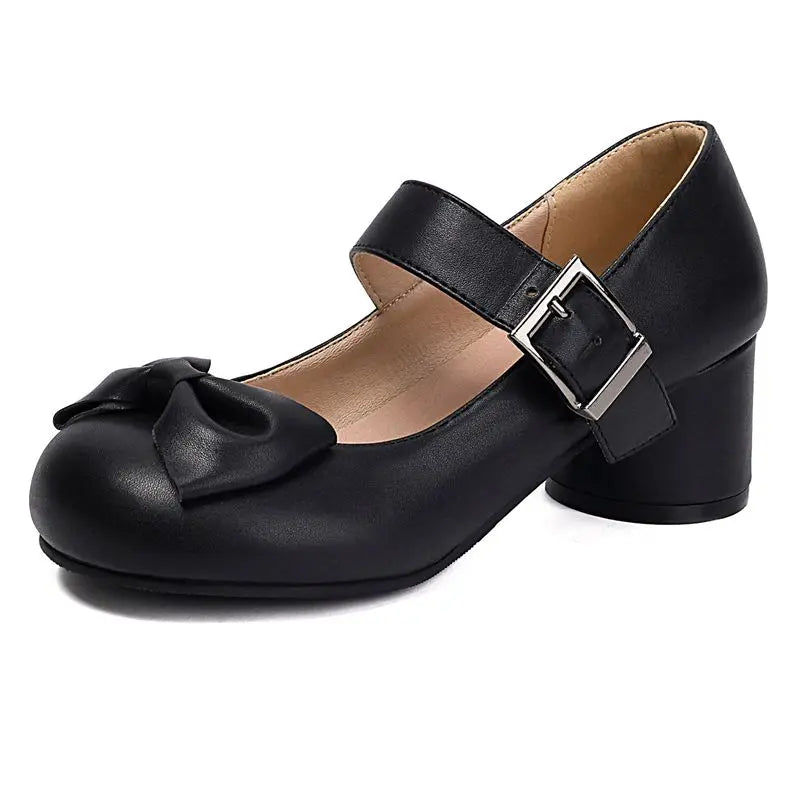 32-48 Mary Janes Pumps Round Toe Chunky Heels Buckle Strap Bowknot