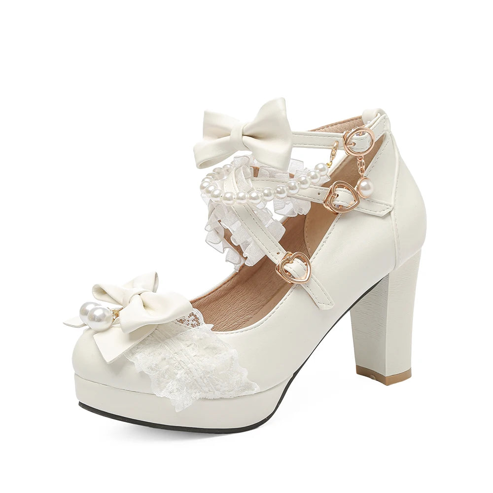 33-46 Cross Strap Pearl Mary Jane Pumps Black Strawberry Bow Princess Lolita Shoes