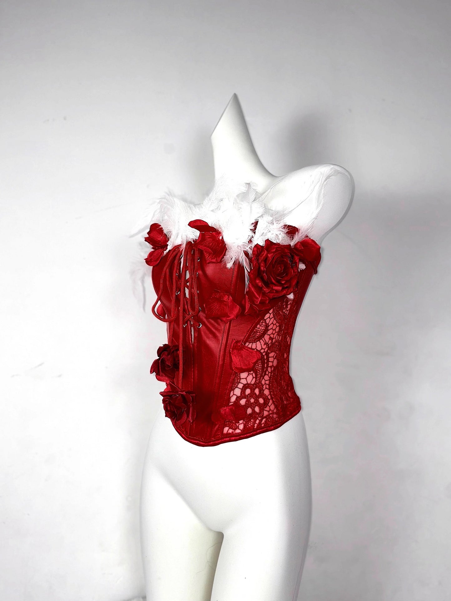 Red Rose Gothic Lace-Up Drawstring Feather Corset Bustier Top Dress