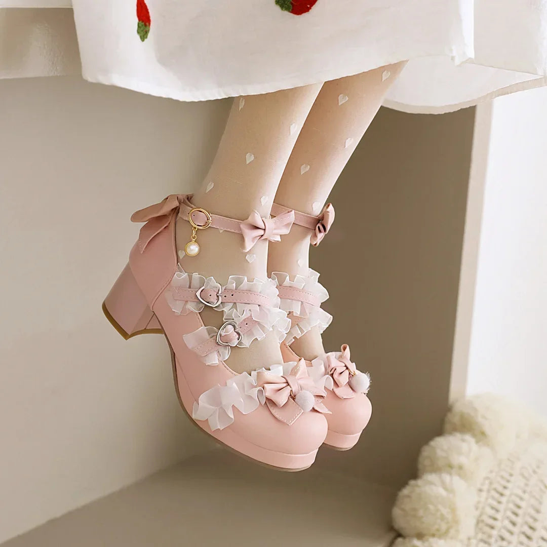 34-43 Cross Strap White Pink Ruffles Bow Maid Princess Lolita Shoes