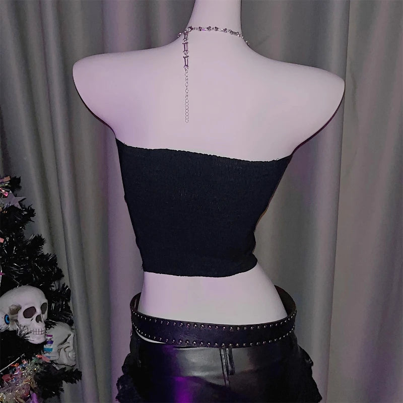 Retro Y2K Sweet Pin Tie Off-Shoulder Tube Top