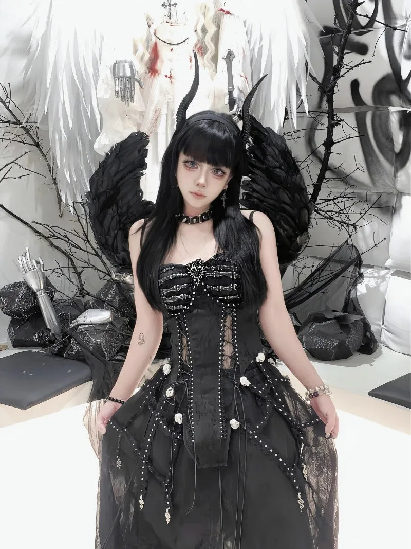 Pure Black Goth Dark Strap Drawstring Corset Bird Cage Affordable Corset Top