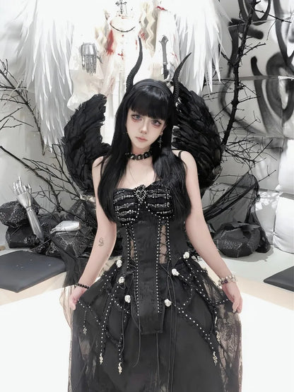 Pure Black Goth Dark Strap Drawstring Corset Bird Cage Affordable Corset Top