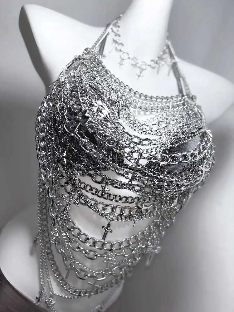 Gothic Technology Iron Chain Cross Hollow Chain Splicing Silver Set
