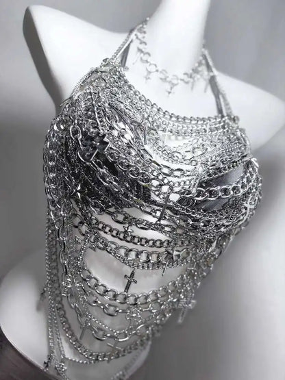 Gothic Technology Iron Chain Cross Hollow Chain Splicing Silver Set